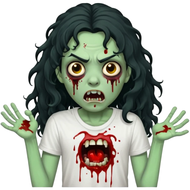 a zombie with long curly black hair volumoso, brown eyes, a white t-shirt and a splash of blood on her t-shirt, mouth open like a zombie, green skin color, not much expression, no drawing on shirt, no hands showing, less blood on her face, less blood, black hair and black eyes emoji