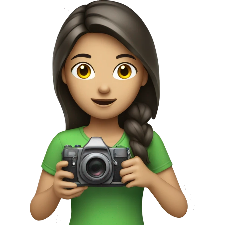 brunette girl with green shirt holding camera emoji