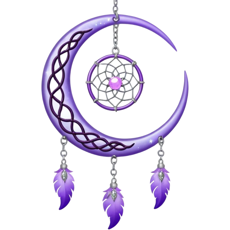 Aesthetic shiny sparkly violet crescent hanging from silver chain dreamcatcher-suncatcher hanging lilac crystals decoration  emoji