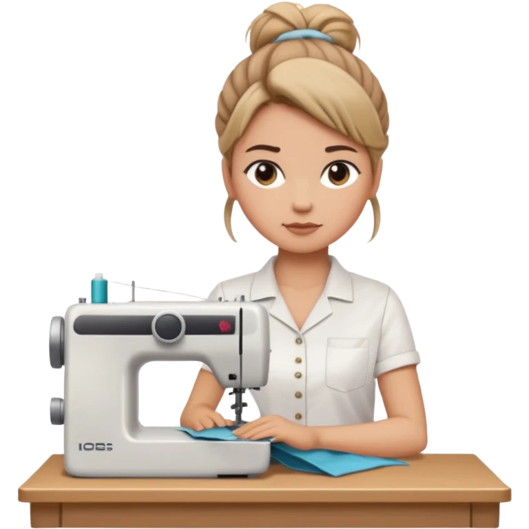 Woman in white shirt meme with messy bun using a sewing machine  emoji