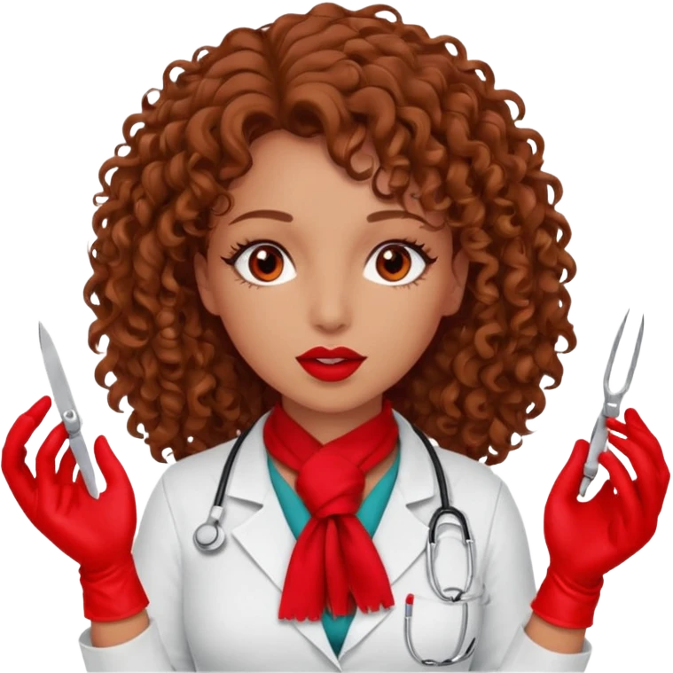 Lilith scalpel in hand, evil surgeon sexy surgeon clothes.  She has red eyes.  Hair is long. Hair is brown and curly hair. Wears sexy doctor outfit with red gloves. Sexy surgeon working for Cartel uses scarf to Covers mouth and neck mask  red emoji