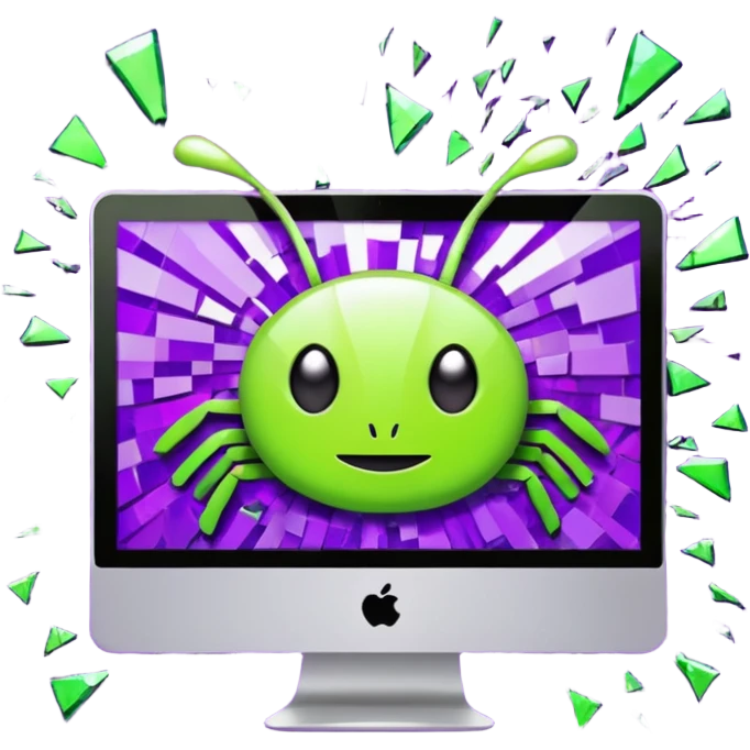 Broken computer screen with poxelated bugs. Color scheme is purple and limegreen emoji