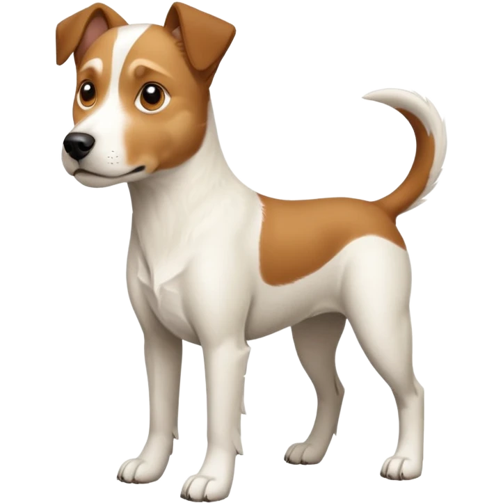 a full body large white parson russell looking dog the size of a kelpie with light brown flapped down ears and a light brown patch on one eye and a large snout emoji