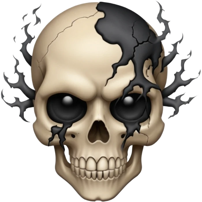 iOS style emoji, dark fantasy skull, cracks, black smoke from eyes, soft light, stylized emoji