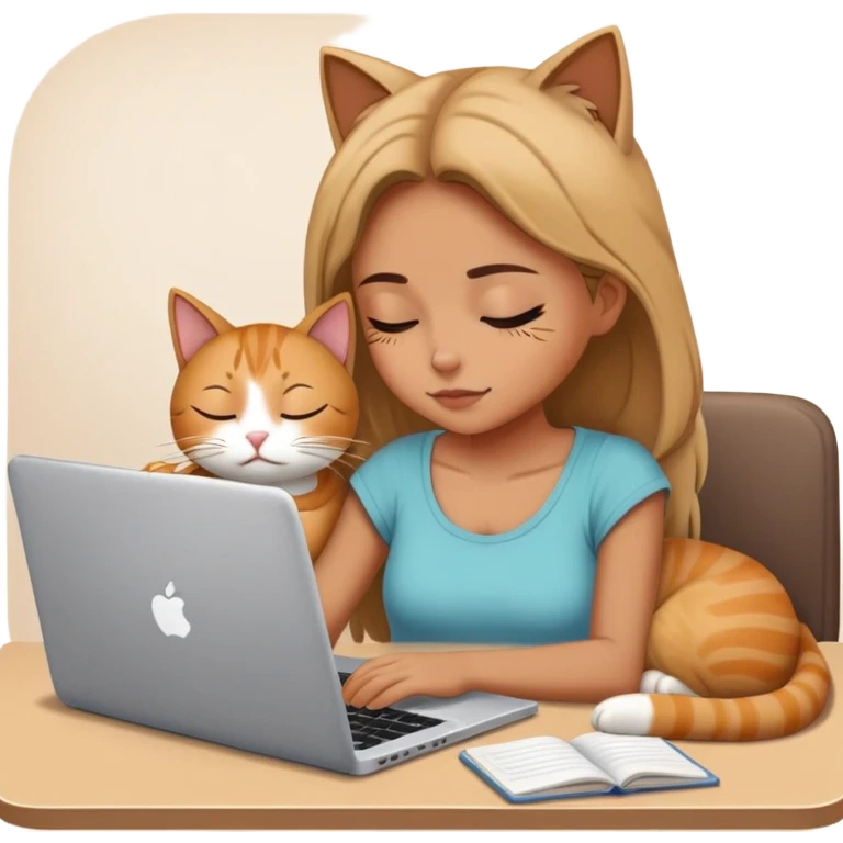 A girl is working hard in front of her laptop, and a cat is sleeping next to it emoji