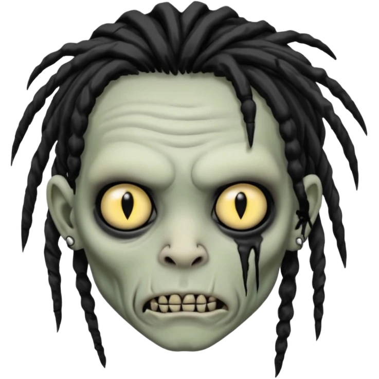 Grey pale skinned zombie boy with wrinkled skin and black dreadlocks. Nose and ear piercings. Emo. emoji