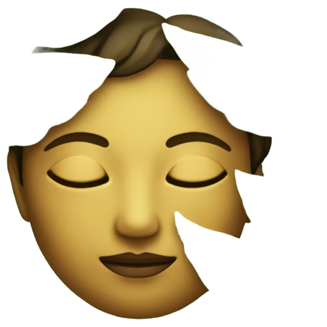 A calm and peaceful face with closed eyes and a gentle smile. It is surrounded by soft, glowing green leaves and a golden aura, symbolizing deep inner peace and spiritual serenity. emoji