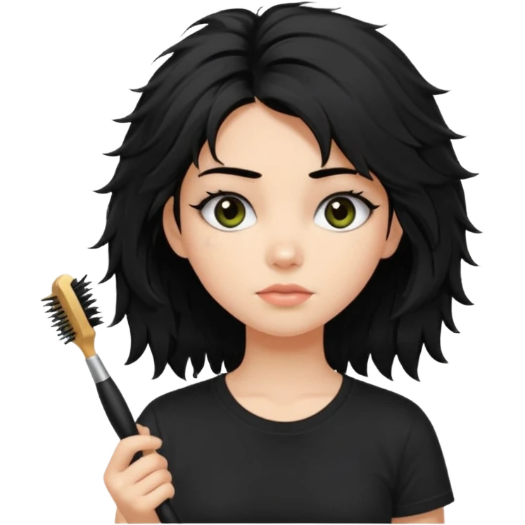 a pretty bratz fair girl with messy shaggy black hair with mascara smudged wearing a tight black tee with a hair brush stuck in hair emoji