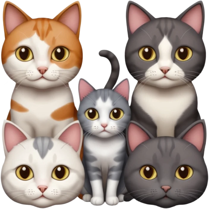 4 different coloured short haired cats including; a dark brown and white cat, and a dark grey and white  emoji
