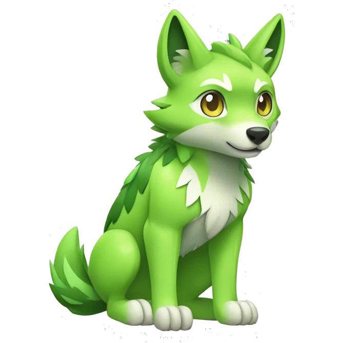 Cute Shy Shiny Lime-Green Fakémon-Wolf-Pokémon with white and dark-green markings Full Body emoji