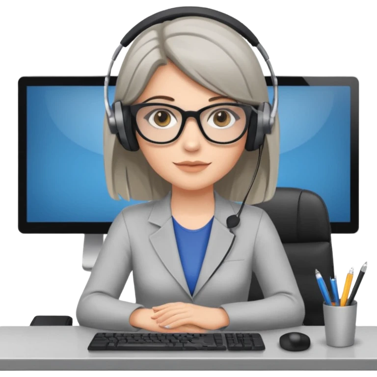 donna bionda occhi azzurri con occhiali grigio/neri, capelli media lunghezza lisci, davanti al pc alla sua scrivania. è una grafica editoriale e redattrice emoji