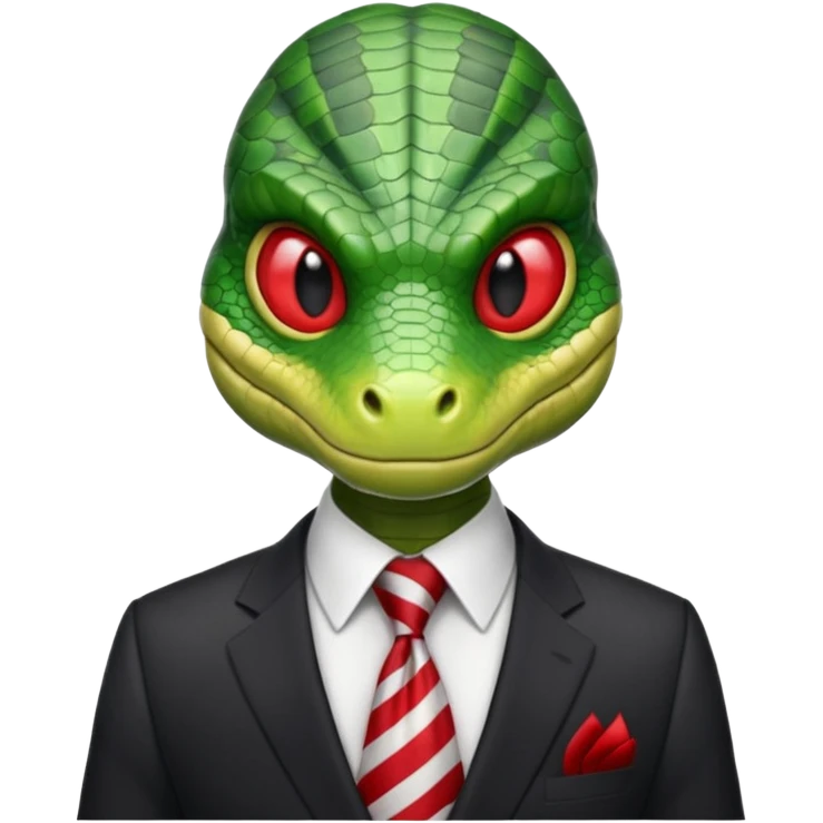 A green reptilian humanoid dressing a suit, striped red and white tie, human emoji style, his face is seriously, his eyes is similar to real viper snake eye emoji