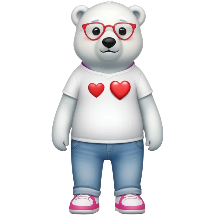friendly anthropomorphised polar bear standing upright, looking chilled and unbothered, wearing a shirt, jeans, trainers, heart-shaped colorful glasses emoji
