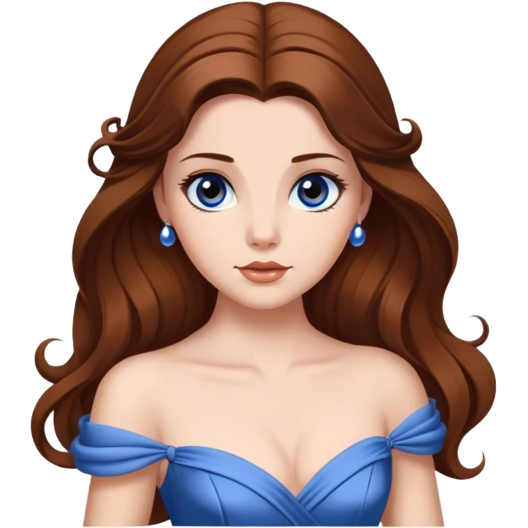 Cinematic Elegant Belle Portrait Emoji, rendered in a realistic, vector-style with minimal shading and bold, simplified shapes. Depict Belle (chest and above) with fair, luminous skin, deep brown expressive eyes, and long, flowing chestnut hair styled elegantly, wearing her classic blue ball gown. The image glows with a soft, warm radiance and high shine, capturing timeless refined beauty. emoji