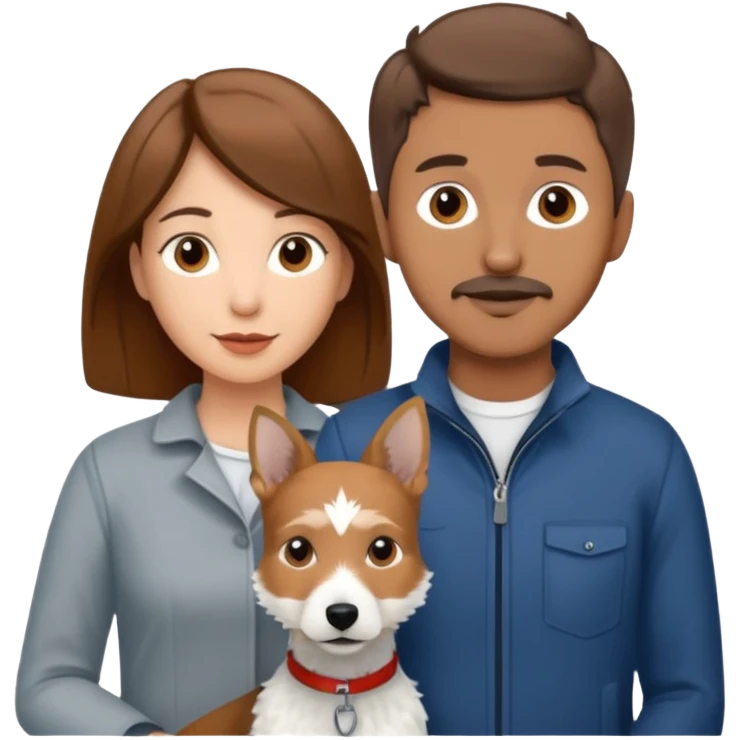 Quiero una pareja la mujer con el pelo castaño y el hombre con el color apenas moro hito con un perro Fox terrier blanco con gris  emoji