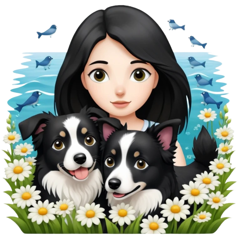 A girl is holding two black and white border collies in a sea of ​​flowers emoji
