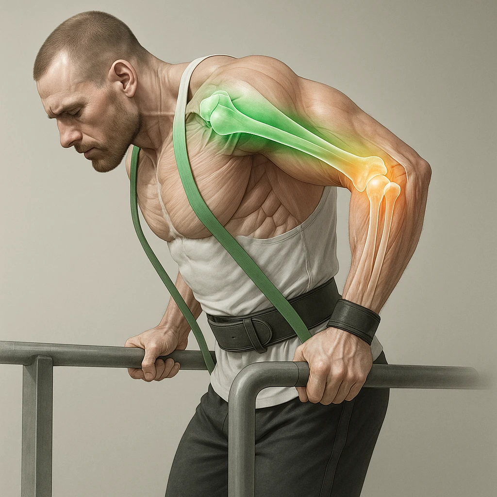 A man performing a dip exercise with the shoulder-arm-elbow block colored in intense green, featuring a transparency effect showing healthy and well-lubricated joints. Hyper-realistic style with anatomical details, clinical atmosphere, and neutral background. emoji