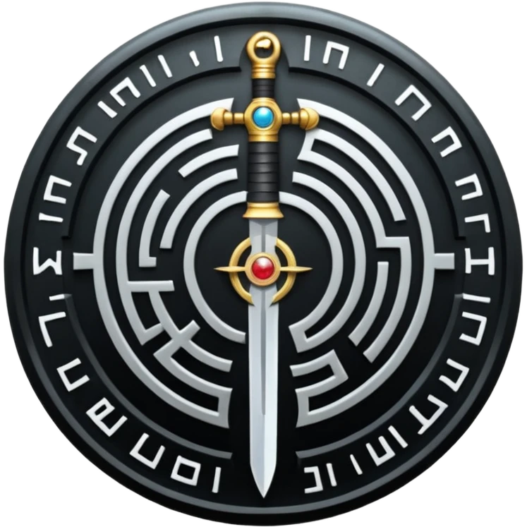 A vertical sword in the center of a circular maze, inside of which is embedded a thin astrolabe. The lines are strict, geometric, and symmetrical. The material is a dark metal (antimonium). The style is a minimalistic alchemical sign. emoji
