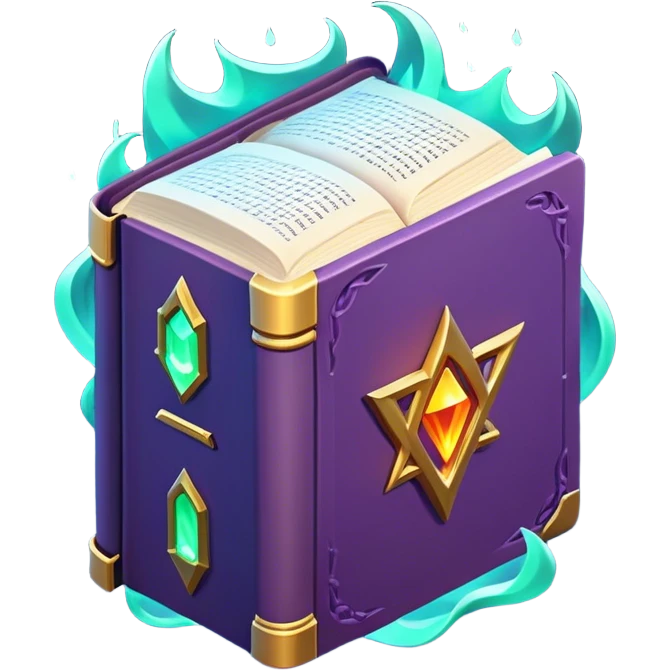 Clash of Clans aesthetic: Cinematic Playful 3D Isometric Spell Book Emoji, rendered in a 3D vector-style similar to standard emojis with minimal shading and bold, simplified shapes. A compact, distinct form with signature details, softly glowing with a fantasy RPG magic charm. Simplified yet unmistakably iconic, highly detailed and consistent, glowing with a soft radiance and high shine. Stylized with a touch of heroic grandeur and a soft glowing outline, capturing the essence of a beloved gaming relic with a friendly, playful manner! emoji