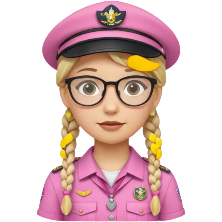 scout girl with pink scout uniform including hat, blonde braided haired and glassess emoji