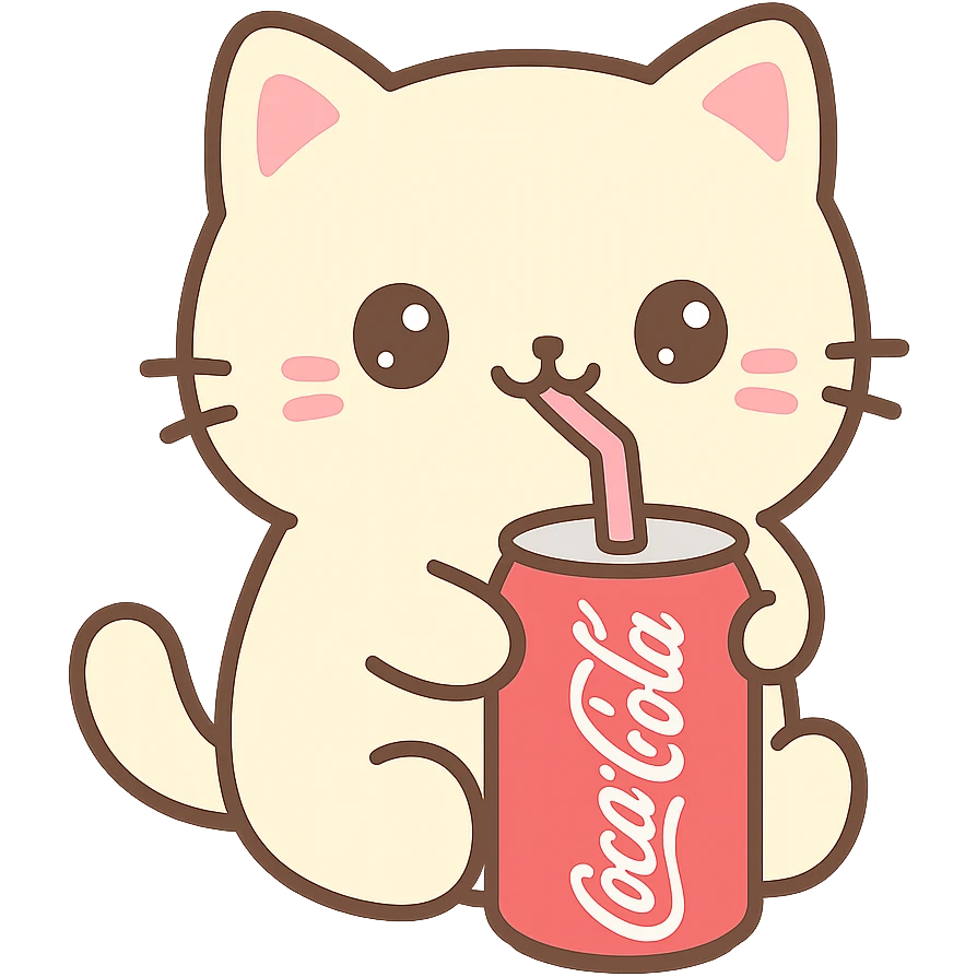 a kawaii style cat drinking Coca-Cola, vibrant colors emoji