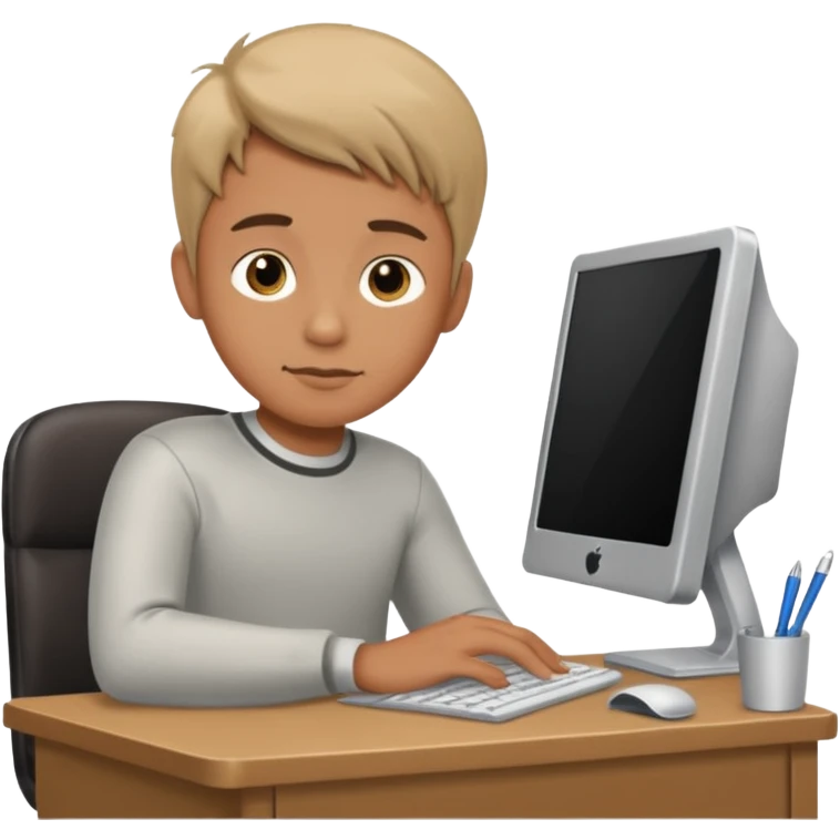 boy sitting at a desk with a computer emoji