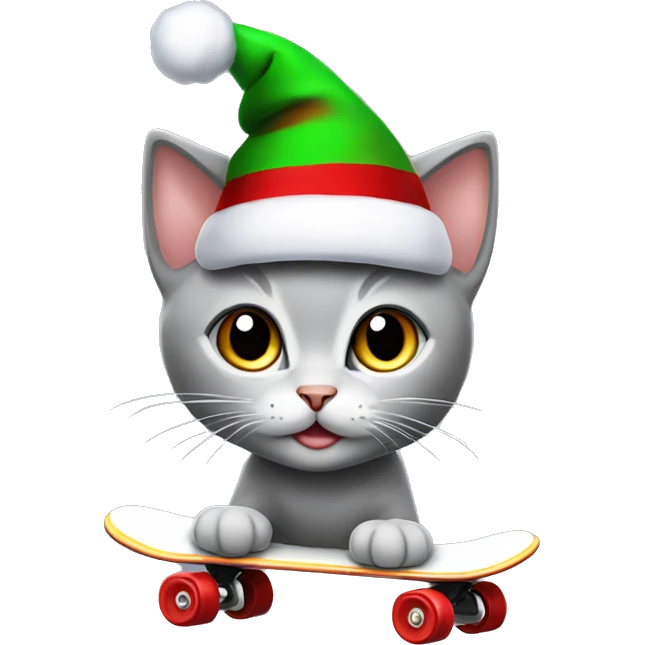 Grey kitten with Christmas hat skating emoji