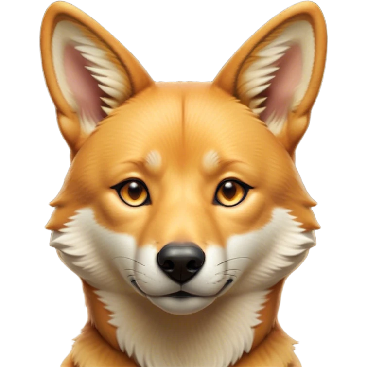 Cinematic Noble Dingo Portrait Emoji, Poised and regal, with a lean, agile build and a short, sandy-tawny fur that speaks of the wild outback, deep-set soulful amber eyes and alert ears, Simplified yet sharp and sophisticated features, highly detailed, glowing with a soft, dignified glow, high shine, intelligent and resourceful, stylized with an air of untamed elegance, focused and attentive, soft glowing outline, capturing the essence of a watchful and confident wild canine, so majestic it feels as though it could trot out of the screen with effortless authority! emoji