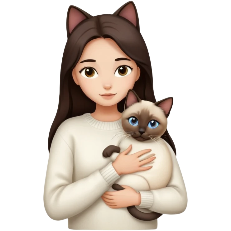 a girl with long dark brown hair, in a white sweater, hugs a Siamese cat emoji