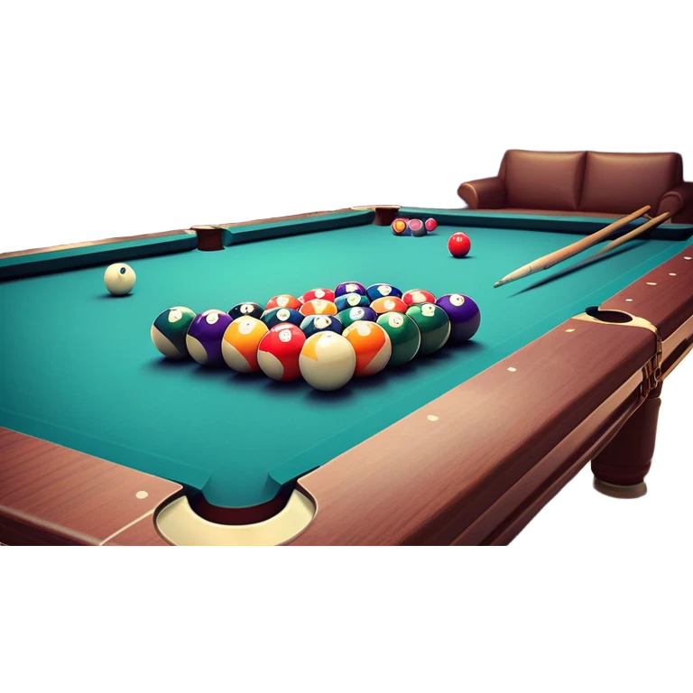 A well-arranged pool table with colorful billiard balls neatly placed, and a cue stick poised to take a shot. The setting is a dimly lit room with a focused atmosphere, highlighting the precision and strategy involved in the game of billiards. emoji