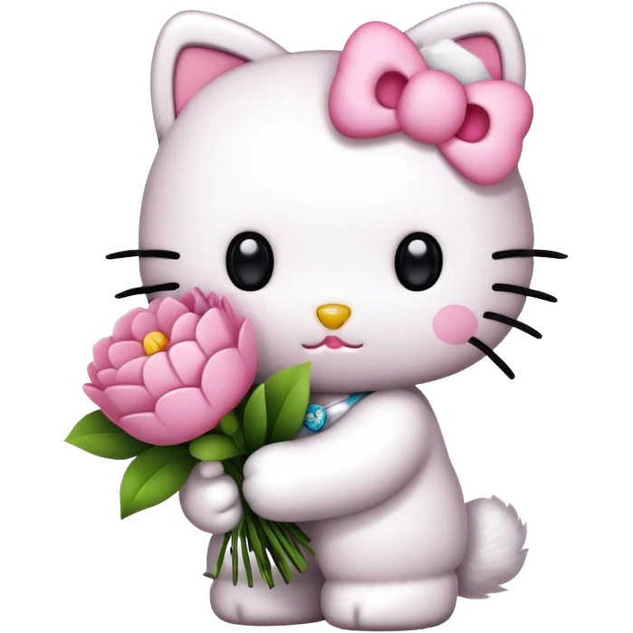 Hello Kitty holding a bouquet of pink flowers emoji
