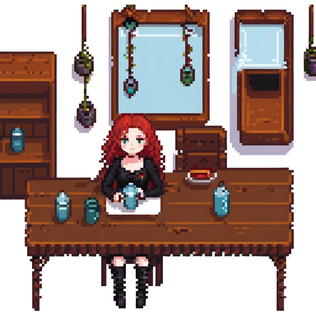 goth girl with red curly hair drinking water sitting at a table emoji