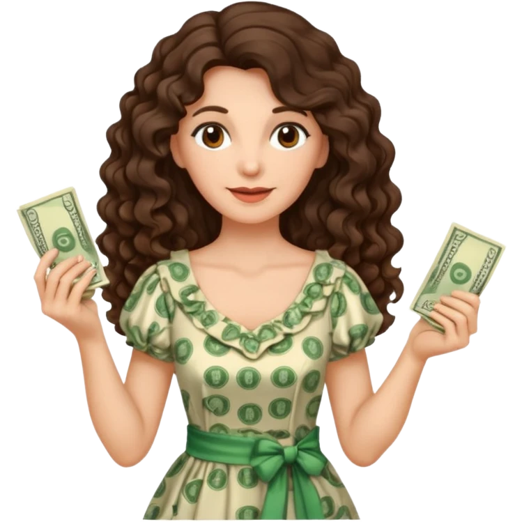 old brunette with long curly hair, in a dress, with money in her hands emoji