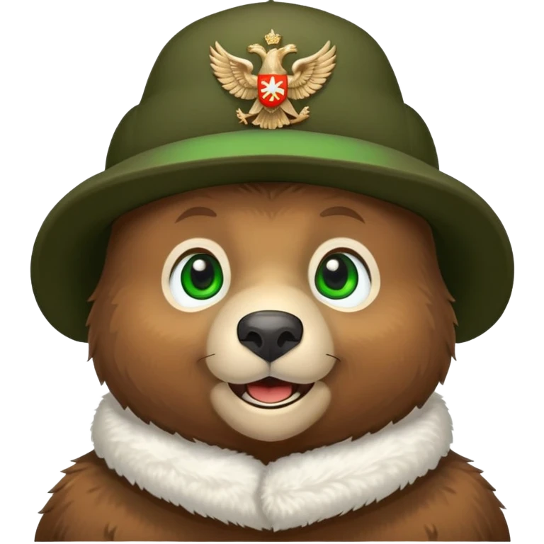 Endearing brown bear head with cute smile and bright green eyes, wearing white ushanka hat with detailed Russian eagle emblem in middle, iOS emoji style emoji