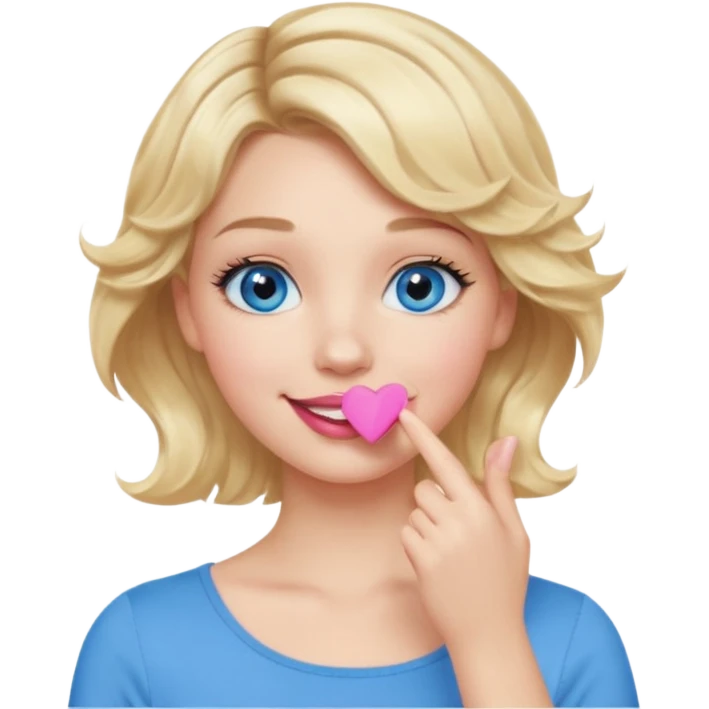Girl Blonde short wavy hair,  blue eyes, cute blue top, long lashes, pink lips, smiling, hand over the mouth emoji