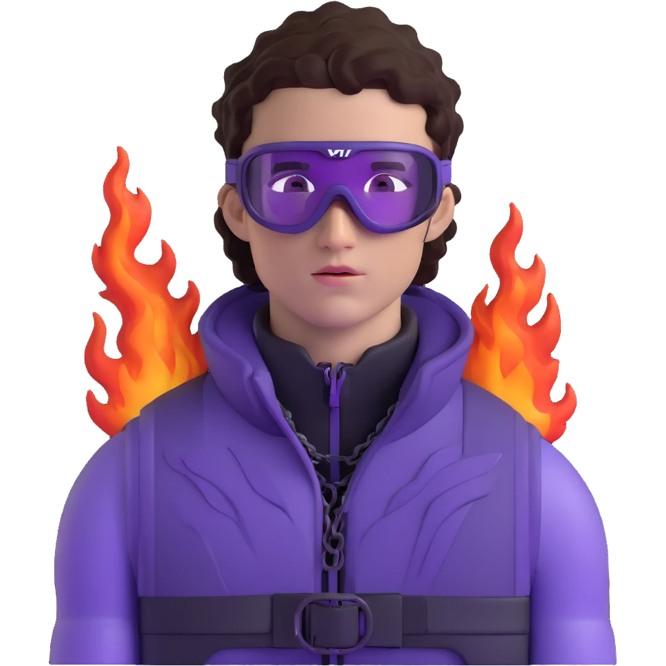 close-up of bad guy male athlete with white skin and moderately curly dark brown hair on top with shaved sides, wearing ski goggles with purple frames and very dark black lenses, a simple plain black chain necklace, and a completely unzipped sleeveless vest with purple and black sequin fire pattern design with no logo, with an extremely arrogant sneer on his face, looking menacing and villainous, exuding overconfidence and a threatening aura emoji
