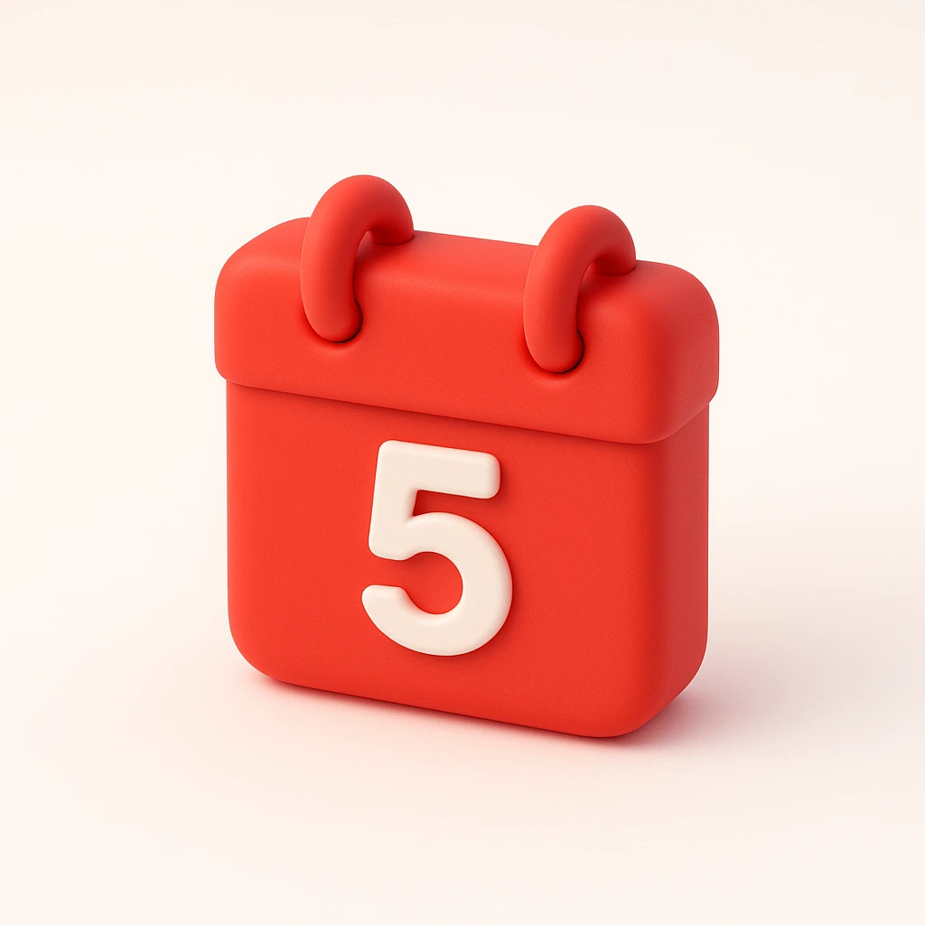 Create a mini calendar icon in 3D red style with white and red colors. The icon should display the number 5 as the day, have soft shadows, and a modern look. emoji