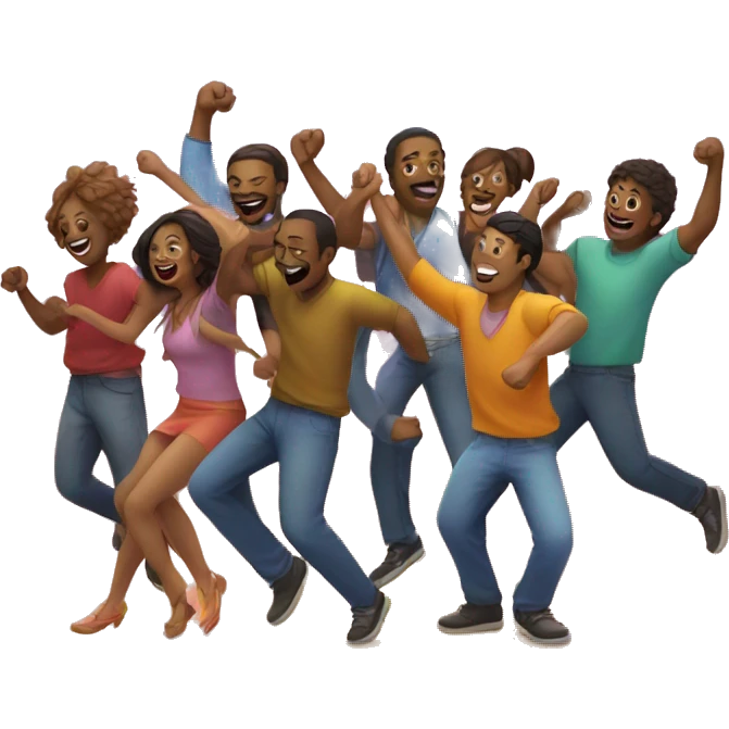 A lively party scene with colorful lights, people dancing emoji
