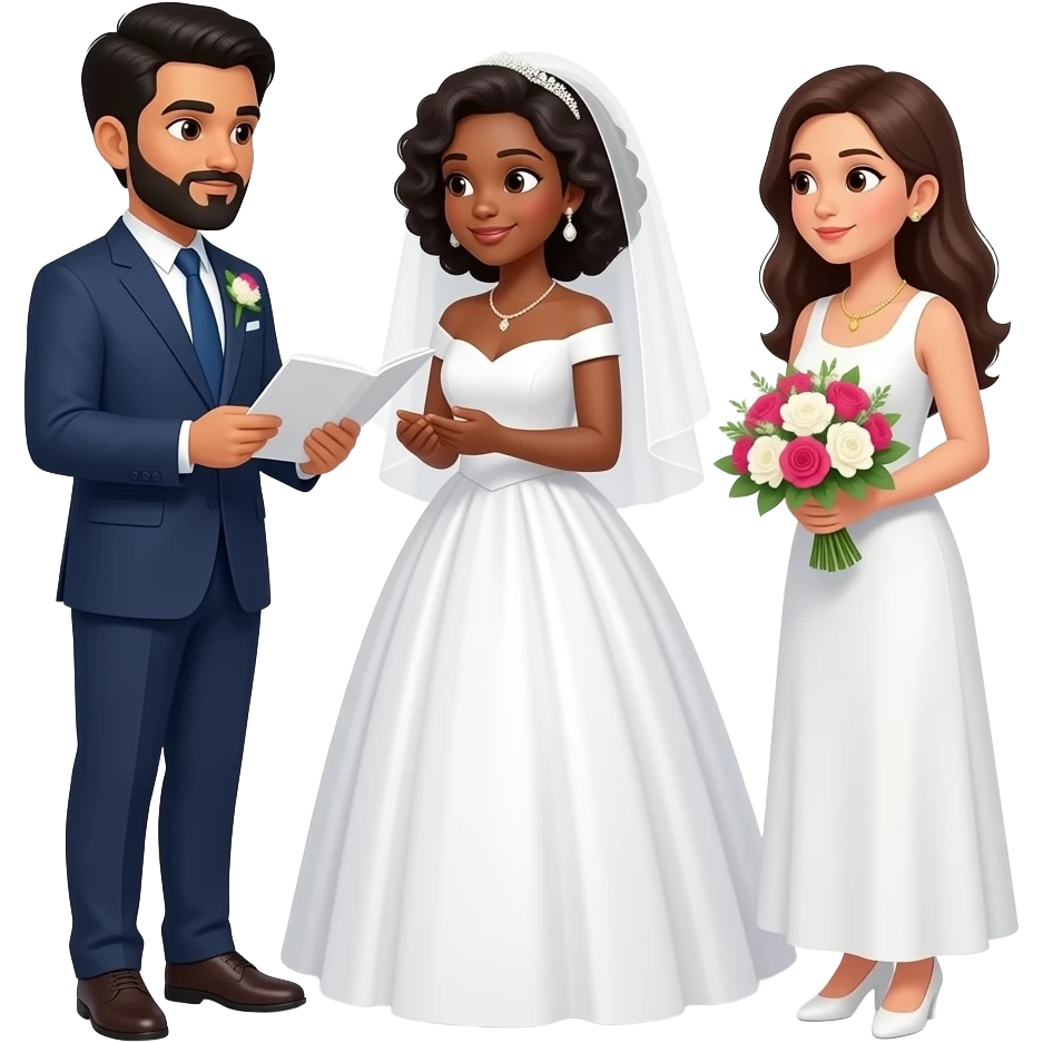 An indian man and a carribean woman getting married with a white woman carrying flowers for them emoji