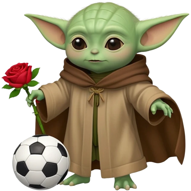 baby yoda kicking a soccer ball with small roses beside him emoji