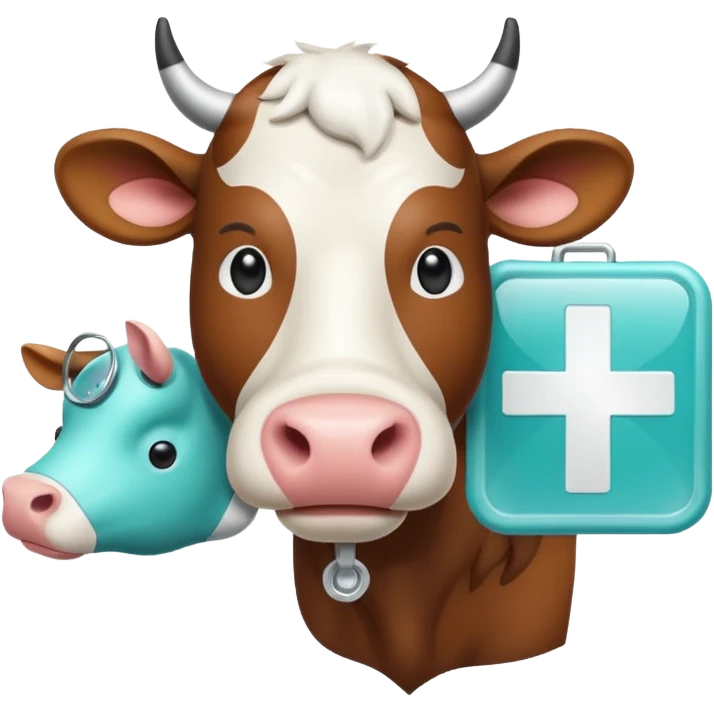 Emoji-style icon of a cow and buffalo with a medical cross and scan frame overlay, representing disease detection and health analysis. Friendly, clean, rounded design, clear at small sizes, teal and white accents, no text, transparent background. emoji
