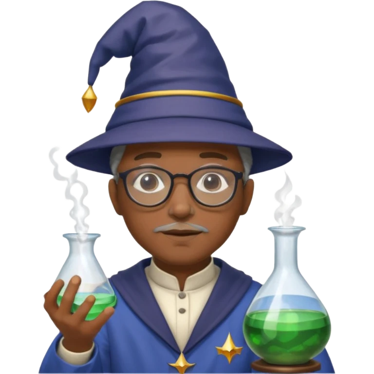 black scientist with glasses, wearing wizard hat custome, with glass vase emoji