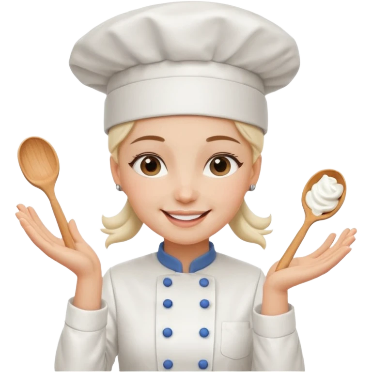 Young female baker - white chef hat, holding cream piping bags in both hands emoji
