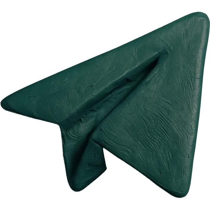 minimalist Telegram logo airplane only, dark green color, no background, no square, no beige inserts, plasticine clay style, transparent background emoji