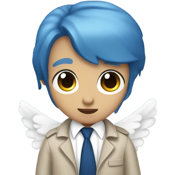 Angel that looks like a man with black short hair, a blue tie, a trenchcoat and blue eyes emoji