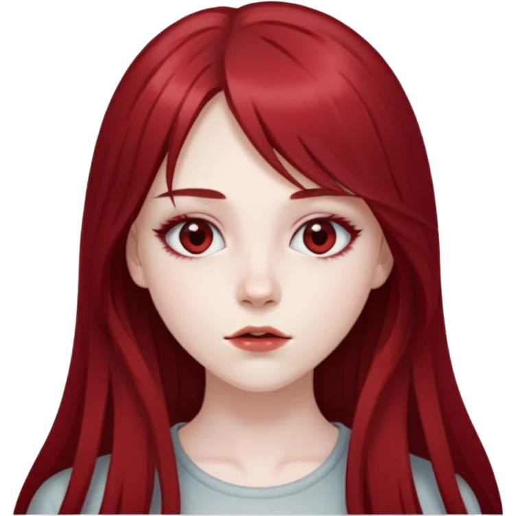 pale girl with deep red and long hair, having a long middle bang on her face, her eyes are greyish in colour emoji