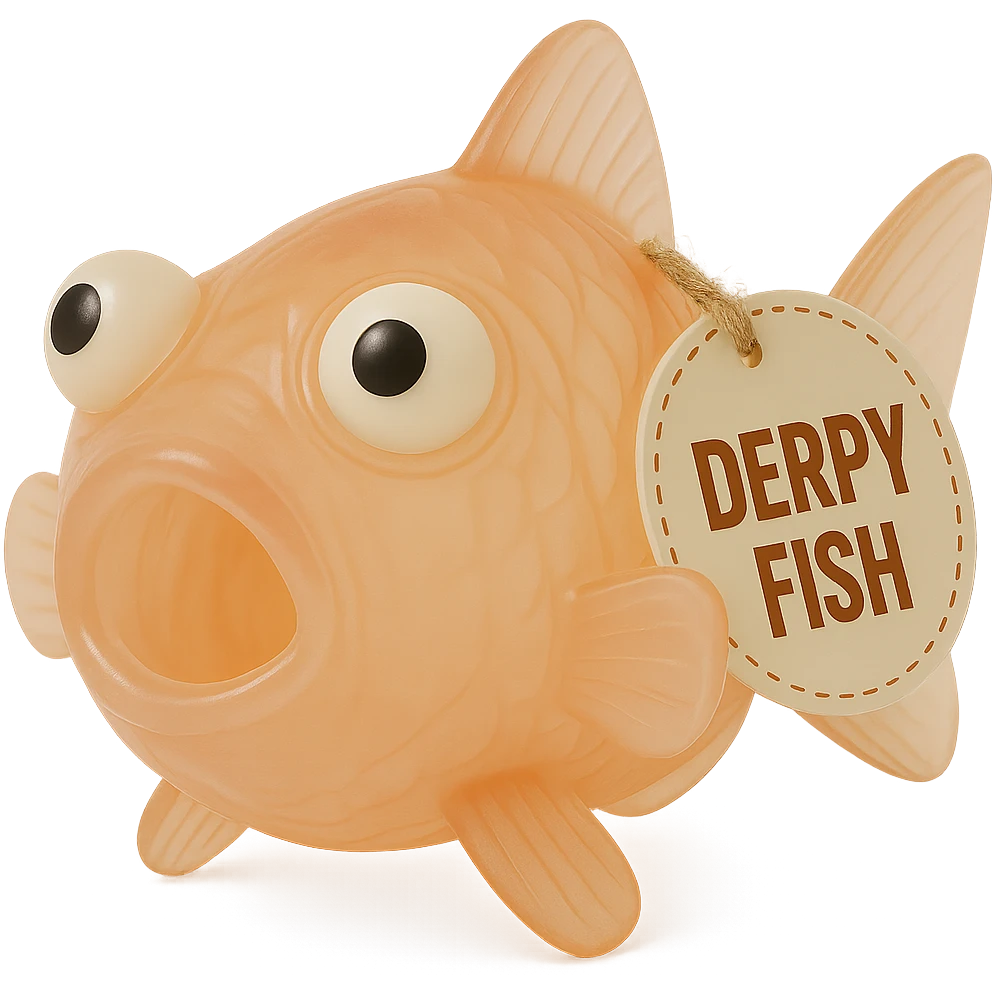 Make the bright orange clownfish Derpy Fish even more transparent and see-through than before. Keep the derpy eyes, retro 90's toy look, hyper-detailed, soft plastic, soft reflections, soft and squishy texture, some cloudiness, not shiny, highly detailed, appealing, and the 'DERPY FISH' tag. The background must remain completely empty and gone. Maintain the overall style and appearance as a transparent, soft plastic toy fish with a retro 90's vibe. emoji