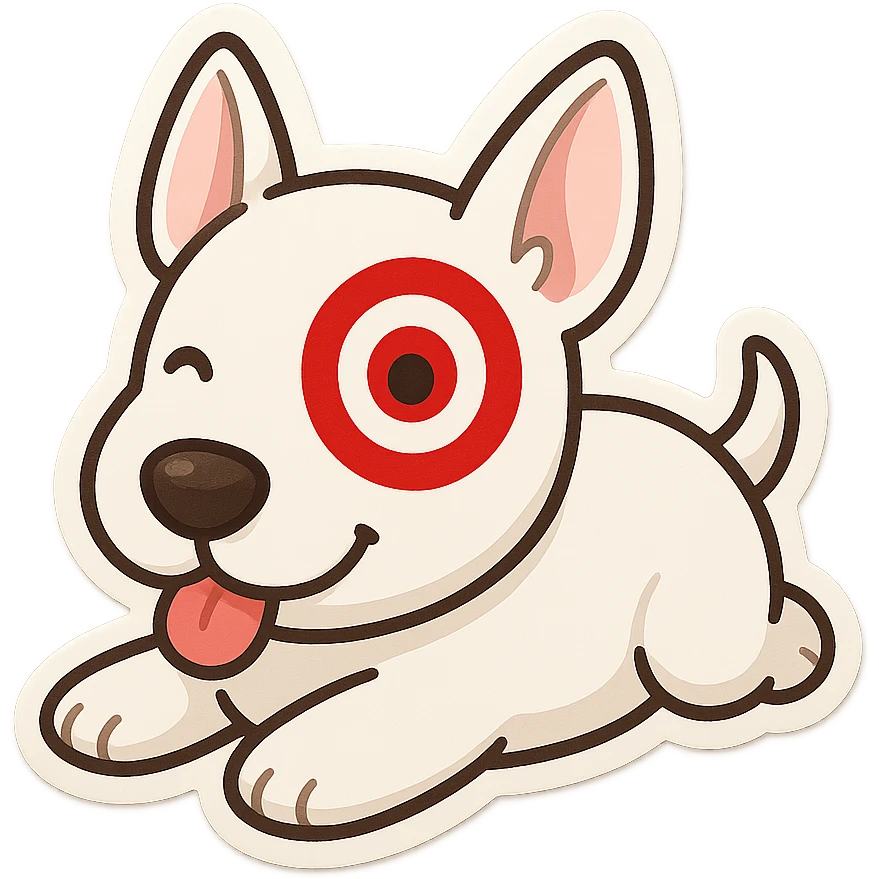 cute cartoon of Target store bullseye dog, lying down, tongue out, red bullseye on eye, soft rounded features, chibi stickers style emoji