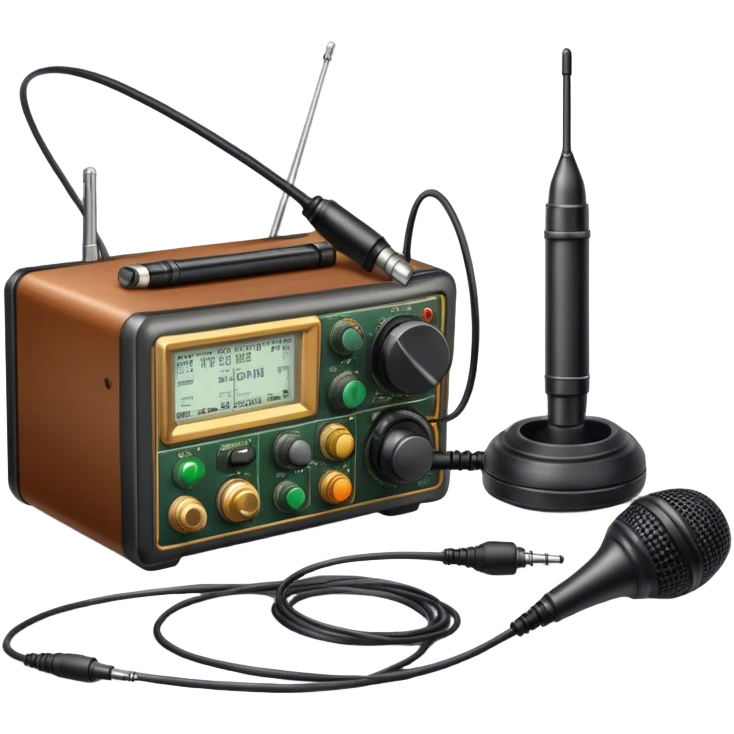 A photorealistic icon featuring a ham radio transceiver, headphones, microphone, antenna, and radio equipment like soldering tools and cables. The design includes detailed textures and realistic lighting, symbolizing the passion for amateur radio and communication. Transparent background. emoji