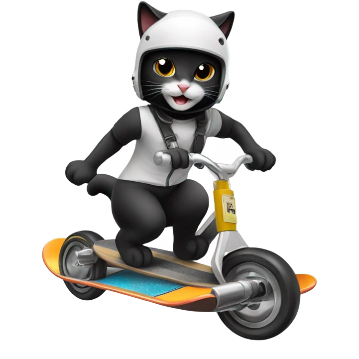 Grinning Black and white cat skateboarding with tiny crash helmet  emoji
